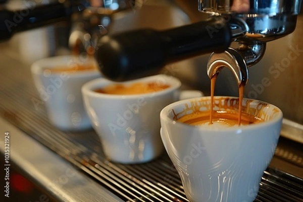 Fototapeta A hand skillfully pulls a shot of espresso from a high-end machine, with rich coffee flowing into a glass cup. The cafe buzzes with energy as patrons enjoy their beverages