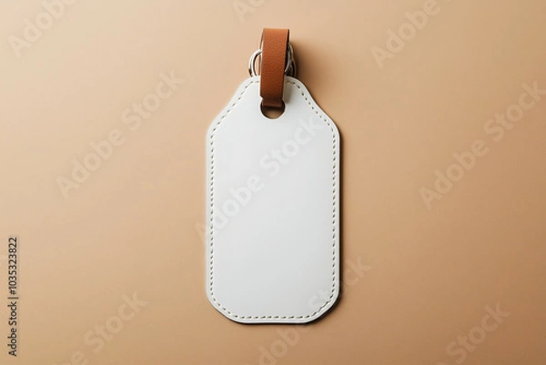 Obraz A blank leather luggage tag with a brown strap resting on a neutral surface for labeling travel bags or personal items. Generative AI
