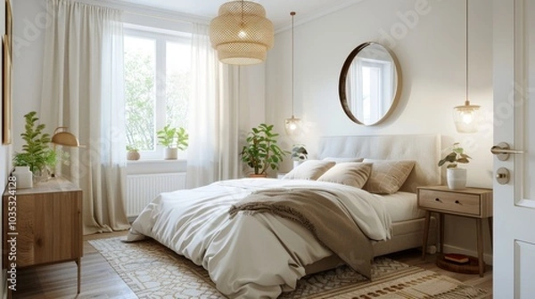 Fototapeta A bright Scandinavian bedroom with a double bed, a simple headboard