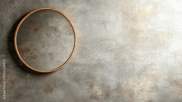 Fototapeta A stylish round mirror hangs on a textured wall, bathed in soft, warm lighting, creating a minimalist and elegant look that blends modern and classic aesthetics.
