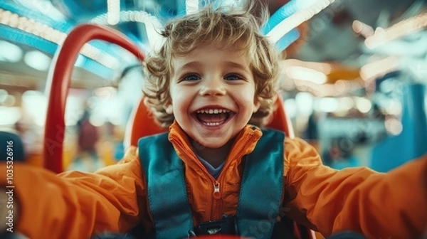 Fototapeta A joyful child with curly hair grins broadly while seated on a lively amusement park ride, surrounded by vibrant lights and excitement, capturing pure happiness.
