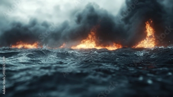 Fototapeta A scene of raging fire stretches across turbulent ocean waters, creating an intense and visually striking portrayal of nature's elements in violent conflict and chaos.