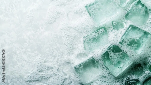 Fototapeta Mint green soap blocks highlighted with bubbles scattered intricately over the surface, radiating an essence of cleanliness and fresh fragrance ambiance.