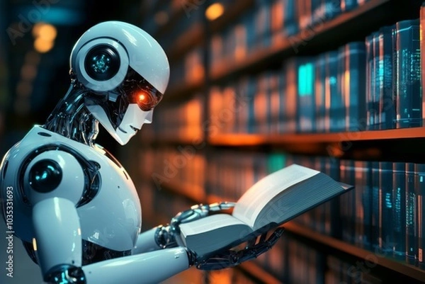 Fototapeta Futuristic Robot Reading in a Modern Library Setting