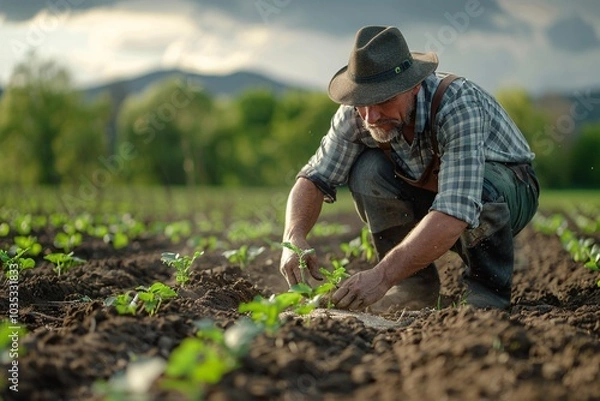 Fototapeta A dedicated farmer crouches in a fertile field, carefully planting young seedlings while surrounded by vibrant greenery and distant mountains, all under a dramatic sky.
