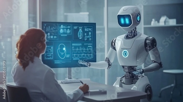 Fototapeta A female doctor is looking at a computer screen while a robot points to the screen.