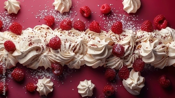 Obraz Indulgent dessert tableau featuring swirls of meringue accompanied by fresh raspberries and a touch of sugar. Generative AI