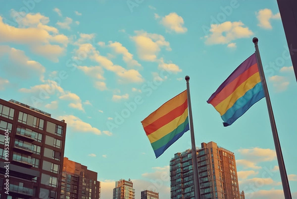 Fototapeta Colorful rainbow flags fluttering in the breeze against a bright sky in an urban setting during daytime. Generative AI