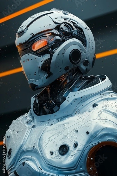 Fototapeta Futuristic robot with glowing eyes, showcasing advanced technology and design.