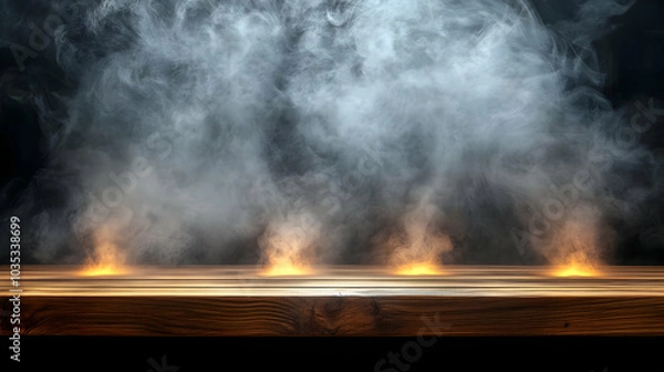 Fototapeta Wooden Tabletop with Smoke and Lights - Perfect for Product Display or Background