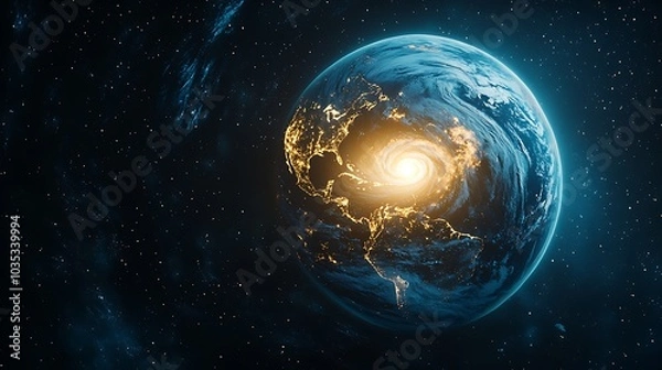 Fototapeta Stunning visual of Earth featuring a dramatic hurricane, surrounded by cosmic beauty. The illuminated land showcases the planet's vibrant atmosphere in space.