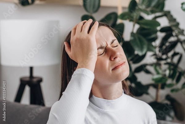 Obraz Close up of dizzy young female headache or migraine pain suffering from vertigo or sick, holding head with hands, health problem of brain or inner ear not balance, sitting alone on sofa at home