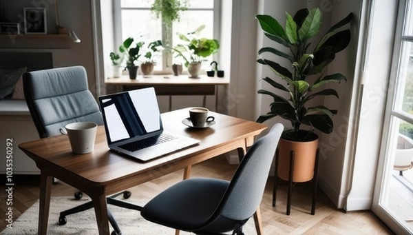 Fototapeta Minimalist desk with open laptop, notebook, and small plant. Perfect for productive remote work environment