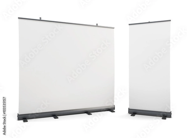 Obraz Wide portable advertising banner and roll-up on a white.