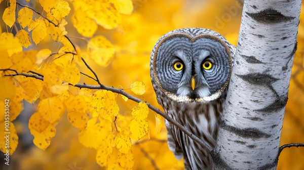 Fototapeta Portrait saisissant d'une chouette lapone cachée derrière un tronc de bouleau, entourée de feuilles dorées d'automne. Plumage et regard perçant