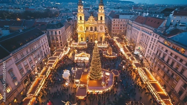 Fototapeta Christmas market in Budapest dazzles with festive lights and holiday cheer at Saint Stephen Basilica.