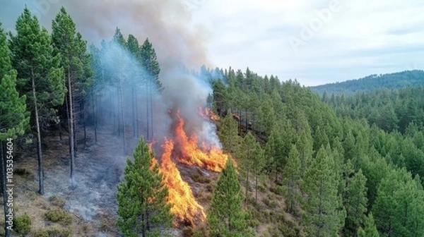 Obraz An expansive forest is caught on fire, with bright flames consuming the trees amid a cloudy sky. It captures the destructive beauty of nature’s wrath.
