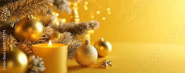 Fototapeta New Year and Christmas decorations, candles, balls and xmas tree on yellow background, generated ai
