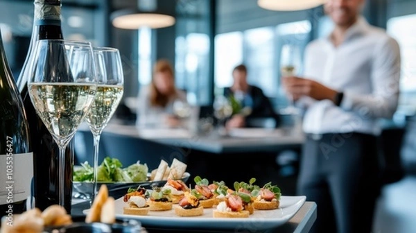 Fototapeta A selection of gourmet appetizers elegantly arranged on a table at a corporate event, with glasses of champagne and blurred figures in the background enjoying the ambiance.