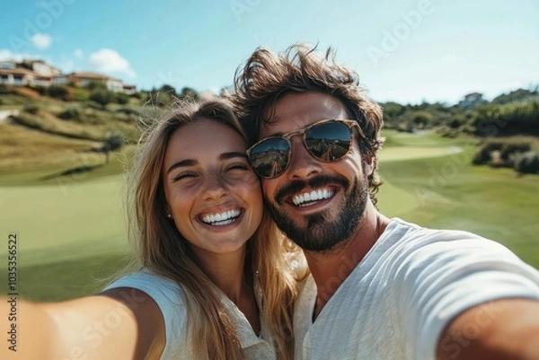 Fototapeta Happy young couple taking selfie at golf course, Generative AI