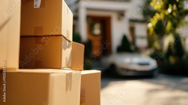 Fototapeta A stack of cardboard boxes sits alongside a blurred view of a parked car, suggesting themes of relocation, travel, or preparation for a significant journey.