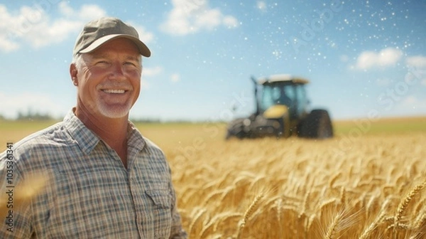 Fototapeta American farmer with a wheat field and a tractor in the background.