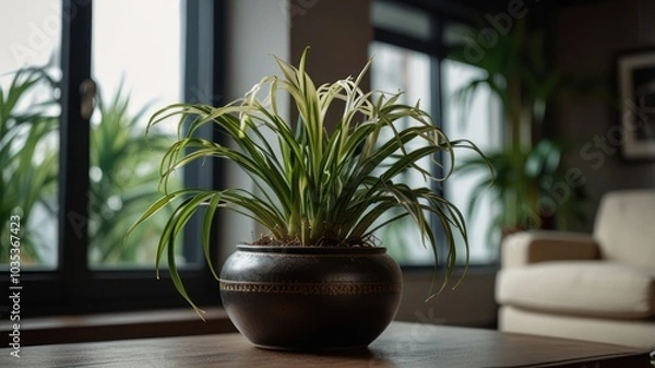 Fototapeta A potted plant with long, green leaves sits on a wooden table in front of a window with a blurred background.