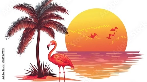 Fototapeta A vibrant sunset scene featuring a flamingo and palm tree by the water.