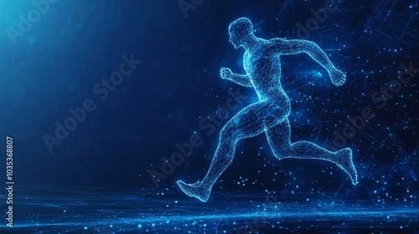 Fototapeta Running man made of polygonal wireframe on dark blue background. Copy space.