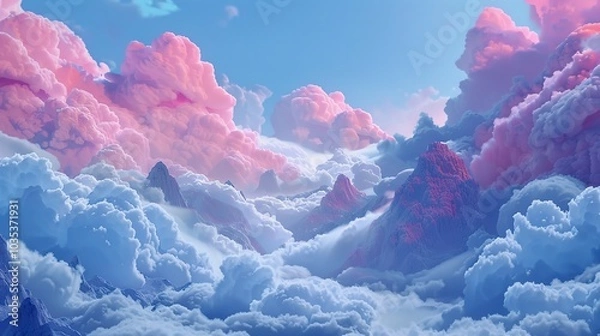 Fototapeta Dreamy Landscape with Pink Clouds and Mountain Peaks