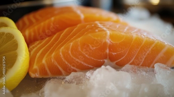 Fototapeta Fresh salmon fillet on ice, lemon wedge adjacent, focus on the intricate texture, whimsical composition in a restaurant setting