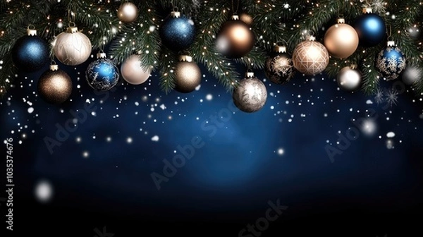 Fototapeta A festive arrangement of dark blue spruce branches and sparkling Christmas ornaments rests on a black backdrop, perfect for mobile use