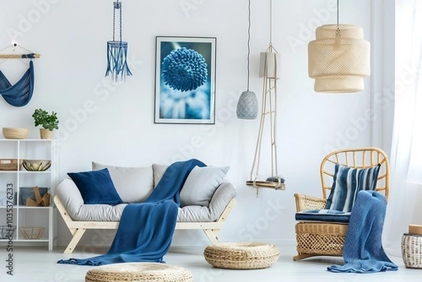 Fototapeta The room features a blue sofa and armchair, surrounded by lush plants and illuminated by a wooden pendant light, all on a white backdrop