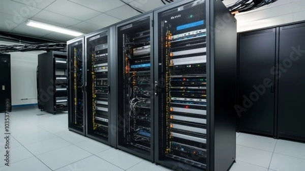 Fototapeta Contemporary data center interior featuring server racks and telecommunication equipment, highlighting advanced network and internet communication technology for efficient digital operations