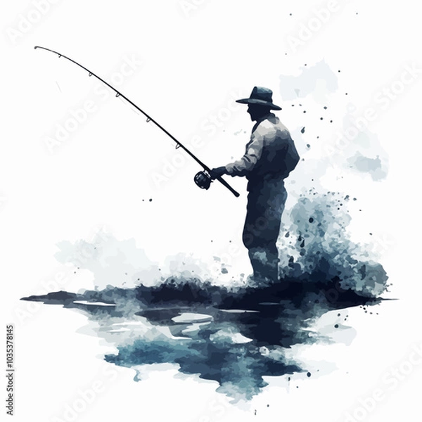 Fototapeta Illustration of a fisherman catching fish. Fishing.