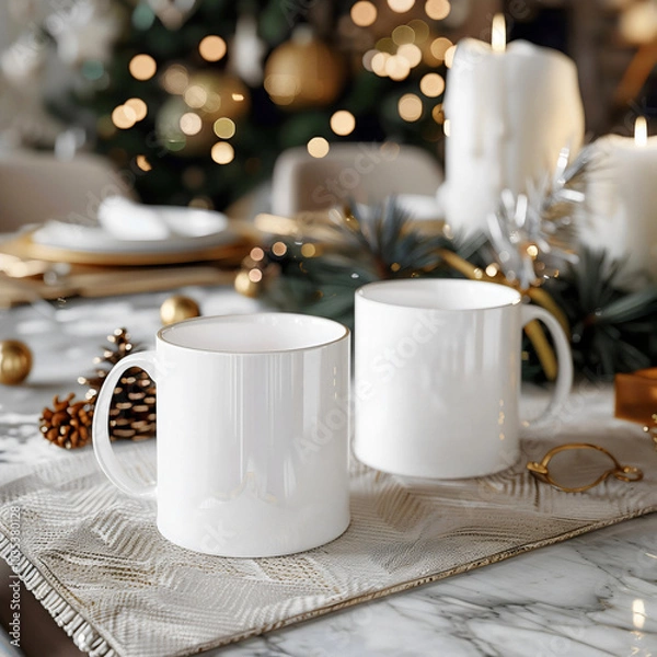 Obraz White mug on the holiday table. Mockup of a couple white mugs on the table. White mug mockups on the kitchen desk.	
