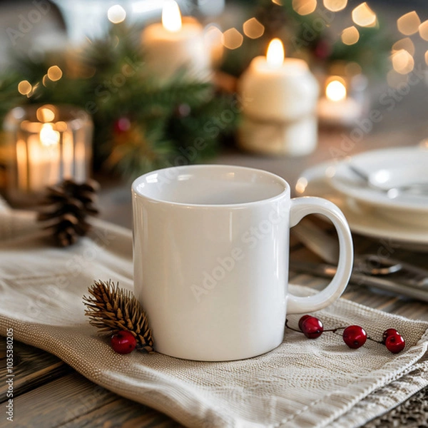 Obraz White mug on the holiday table. Mockup of a couple white mugs on the table. White mug mockups on the kitchen desk.	