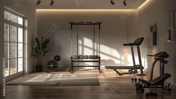 Obraz Minimalist home gym corner, soft lighting