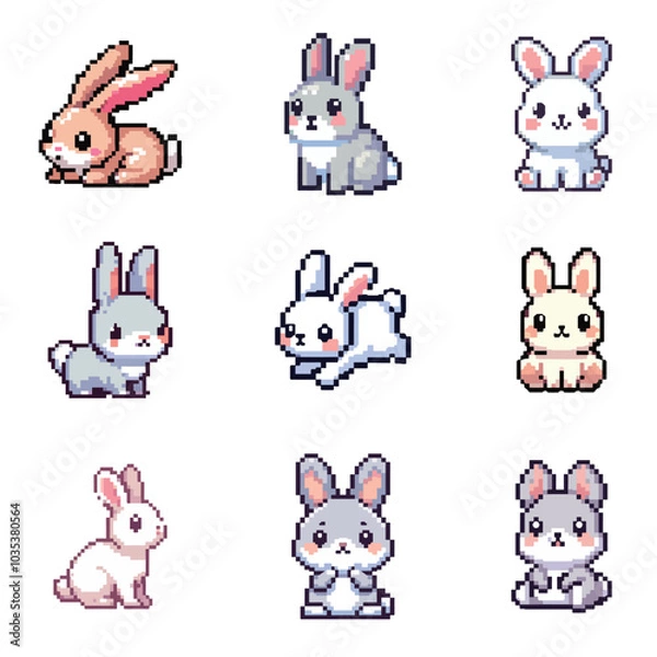 Fototapeta set collection cute bunny rabbit pixel art 8bit in vector 