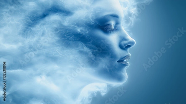 Obraz A woman's face is shown in a blue and white color scheme, with a blue smokey background. Concept of mystery and intrigue, as the woman's face is obscured by the smoke