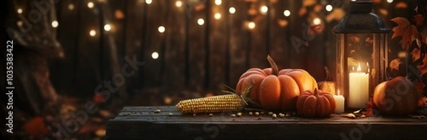 Fototapeta An autumn banner with a rustic wooden table decorated with pumpkins, corn cobs, illuminated by flickering candles in an antique lantern, on a dark background with twinkling lights.