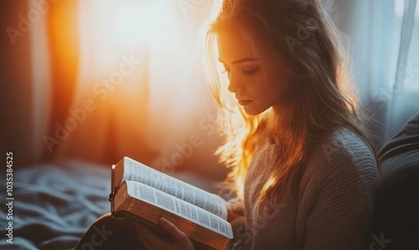 Fototapeta Young woman reading the Bible at home in the sunset light, Generative AI