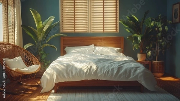 Fototapeta A modern bedroom with a large bed, a wicker chair, and plants. Sunlight streams in through a window with wooden blinds, creating a warm and inviting atmosphere.