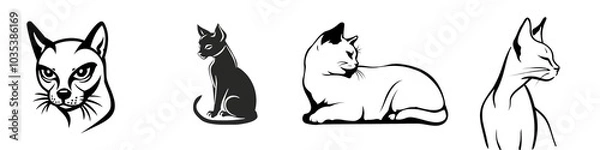 Fototapeta A silhouette of a cat sitting gracefully against a plain white background, highlighting its elegant form and features.