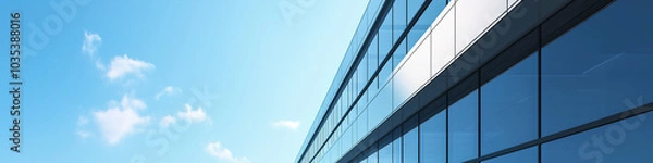 Fototapeta Modern minimalist building with glass and steel structures in an open, spacious area under a clear sky, ideal as a background for showcasing products or vehicles. 