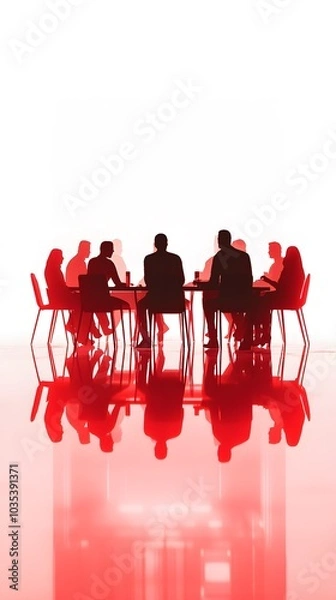 Fototapeta A high-resolution, photorealistic image of business people sitting around a table in an office meeting room with a white background