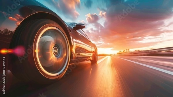 Fototapeta Sleek sports car speeding on an open highway with a sunset backdrop
