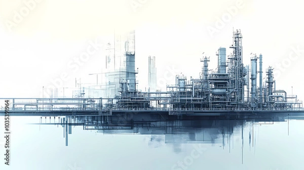 Obraz A horizontal banner with units for the oil industry. A 3D illustration of an architecture building based on imagination
