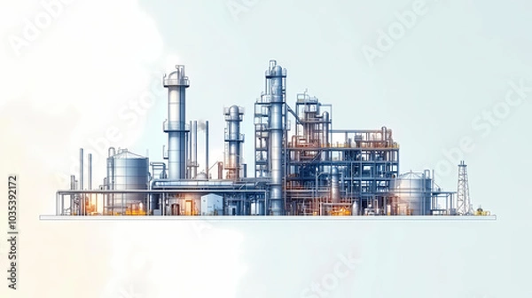 Fototapeta A horizontal banner with units for the oil industry. A 3D illustration of an architecture building based on imagination