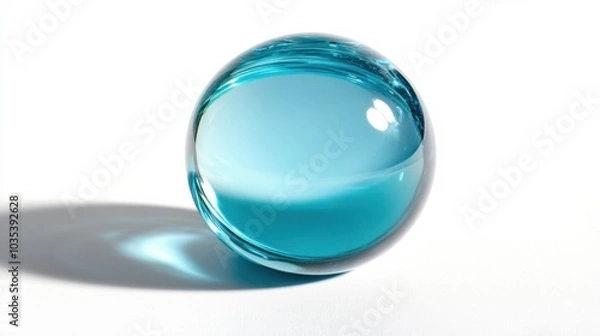 Fototapeta Glass sphere on a flat surface, casting soft reflections, isolated on white background